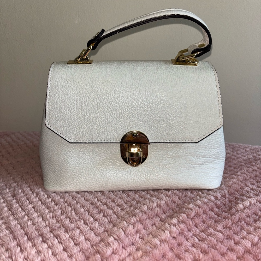 Classic White Leather Top-Handle Satchel with Gold Hardware